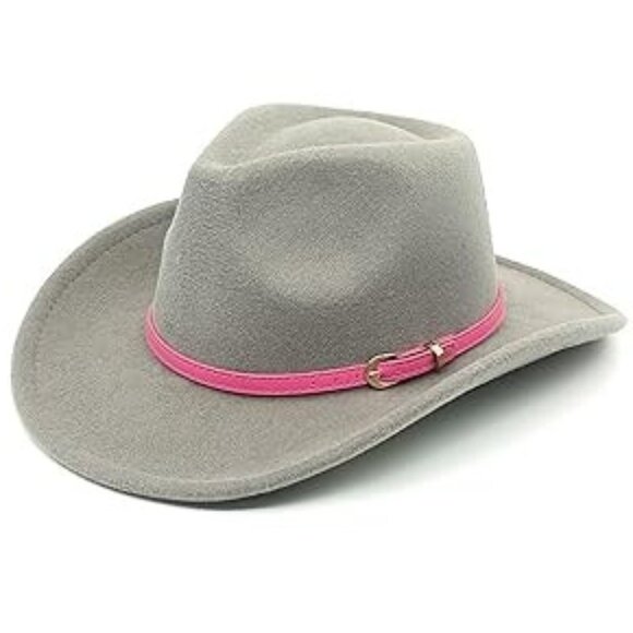 Gray Cowboy Cowgirl Western Felt Hat with Pink Band Buckle, Rodeo Party Costume - Picture 1 of 4